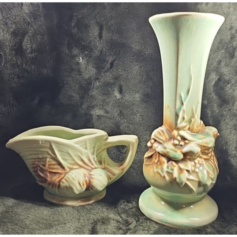 Pair Vintage‎ McCoy Pottery rustic birds in nest - 8" vase & Creamer